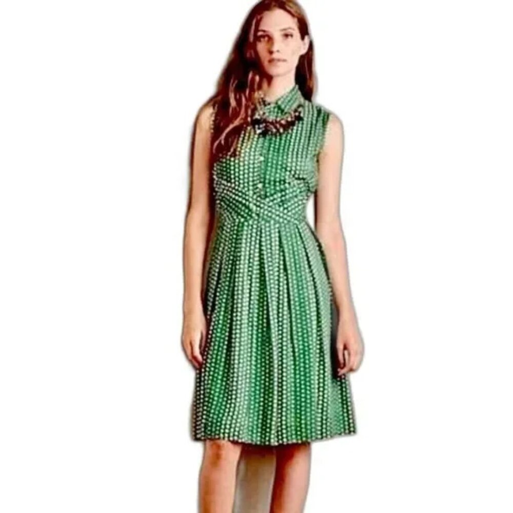 Anthropologie Green Polka-Dot Collared Midi Dress